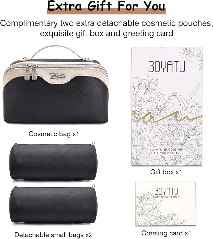 BOYATU Travel Makeup Bag Organizer Cosmetic Bag: 3 Pcs Set Make up Bags for Women with Handle - Waterproof Vegan Leather Toiletry Bags Travel Essentials Pouch with Compartments (A-01-Black) - Image 6