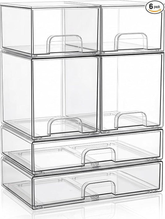 Clear Stackable Storage Drawers: Baby Bottle Storage Organizer, Acrylic Bottles Station Organizer Container for Countertop, Vanity, Bathroom, Cabinet Organization - 6 Pack by Saccik