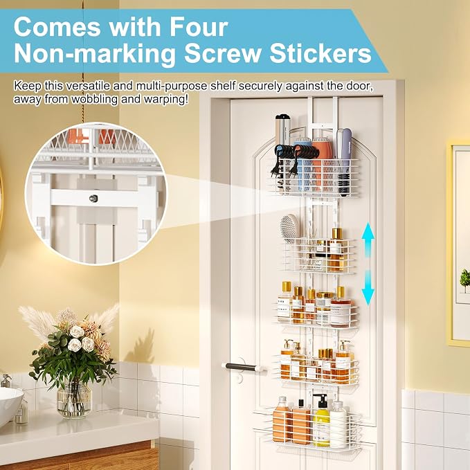 Yuyetuyo 5-Tier Over The Door Organizer Bathroom Shelves Hair Tool Organizer - Hair Dryer Holder Adjustable Height, DIY Bathroom Storage Shelf Wall Mounted Behind The Door Storage - Image 2