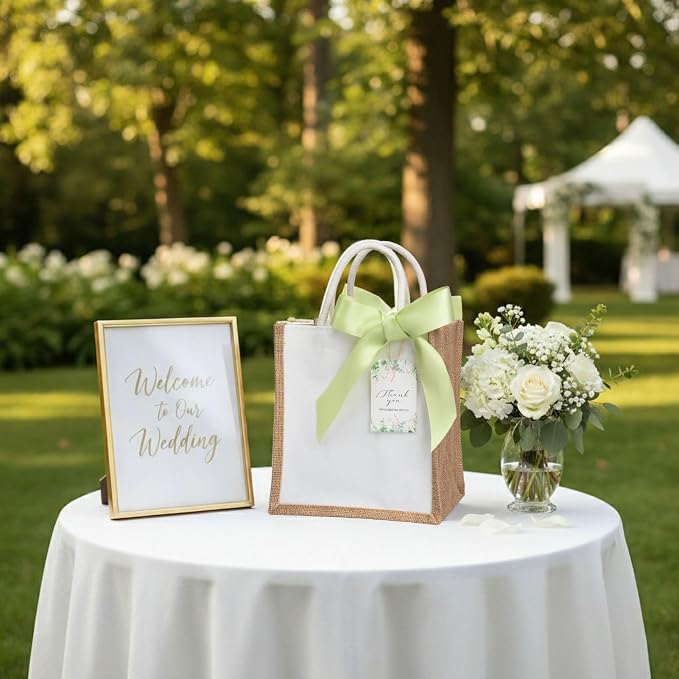 10 Pack Small Burlap Gift Bags with Light Green Ribbons for Bridesmaid, Wedding Welcome Reusable Jute Tote - Image 2