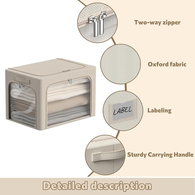 3Pack Clothes Storage Bins - Oxford Frame Storage Box Foldable Stackable Storage Organizer with 3 Openings Design, Metal Frame, Clear Window, Carry Handles (Beige, 100L-23.6 * 16.5 * 15.7in) - Image 4