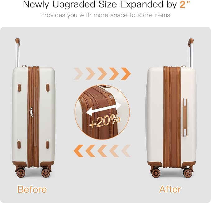 Kono Lightweight 24 Inch Expandable Luggage with Quiet Spinner Wheels TSA Lock, Scratch and Drop Resistant PC+ABS Hardside Durable Medium Checked Suitcase, Cream White & Brown - Image 5