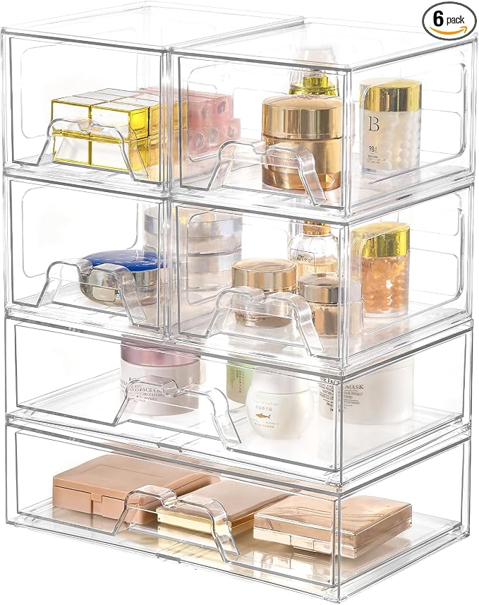 Stebopum 6 Pack Stackable Storage Drawers Clear Acrylic Organizer Makeup Bathroom Organizer and Storage Bins for Beauty Supplies,Ideal for Vanity, Bathroom,Pantry Organization by Stebopum