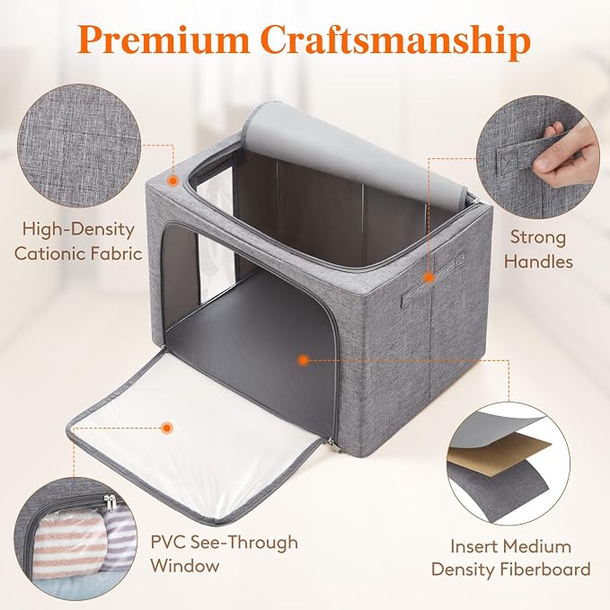 Lifewit Clothes Storage Bins with Metal Frame, Stackable Storage Box, Foldable Clothing Storage Bins with Lids, 100L Storage Bags Fabric Box Organizer with Clear Window＆ Zippers＆ Sturdy Handles 4 Pack - Image 3