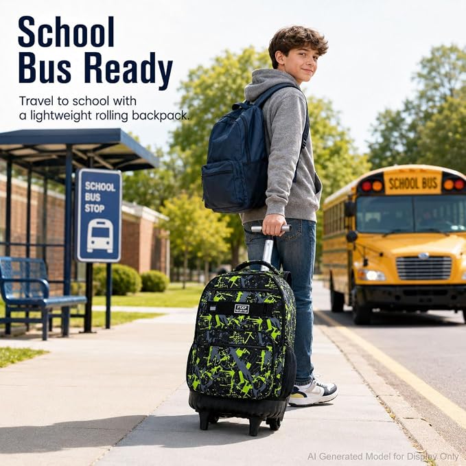 3Pcs Rolling Backpack for Boys, Men Roller Bag with Wheels for Adults, 19 Inche Graffiti Wheeled Bookbag with Lunch Box(Green) - Image 8