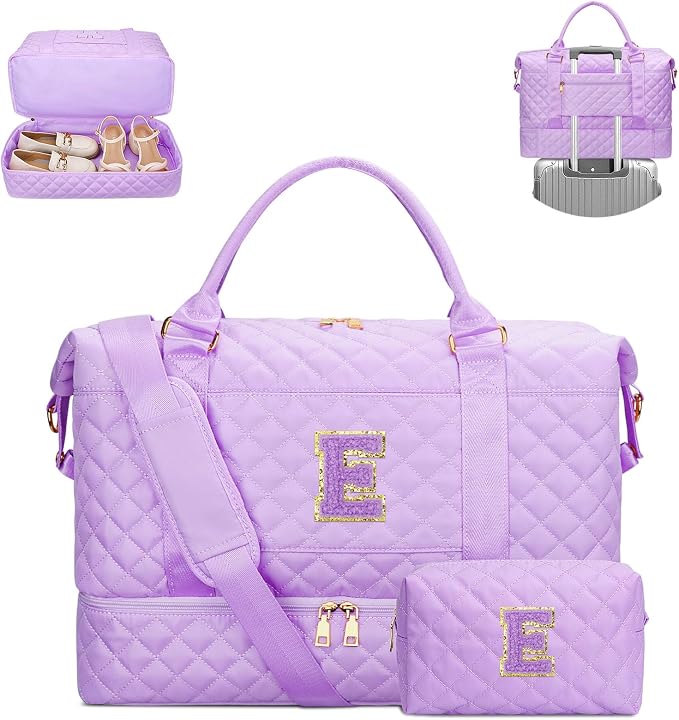 Gifts for Teen Girls Initial Travel Duffle Bag Quilted Weekender Bags Carry-On Overnight with Cosmetic Bag, Gym Bag with Shoe Compartment, Purple-E by Unknown