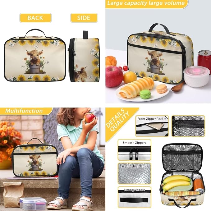 Highland Cow Backpacks Ages 8-10 and Lunch Box 3Pcs Kids School Bag with Lunchbox for Elementary Middle School 17 Inch School Bags for Girls 10-12 Lunch Bag Pencil Case Set - Image 4