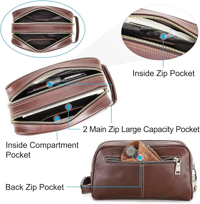 CONTACTS Full Grain Leather Toiletry Bag with Lock for Men Travel Bag Shaving Dopp Kit Organizer Clutch with Handle and Double Combination Lock - Image 4