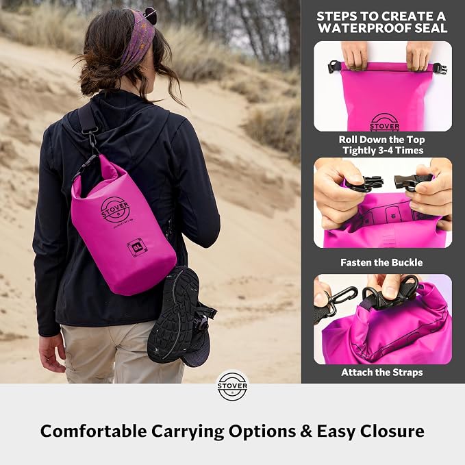 STOVER 5/10/25/30/40L Waterproof Dry Bag, Small Lightweight Roll Top Dry Bag Backpack w/Waterproof Phone Case, Kayaking, Travel, Hiking, Fishing, Tubing, Camping, the Beach, Men/Women (Pink) - Image 5