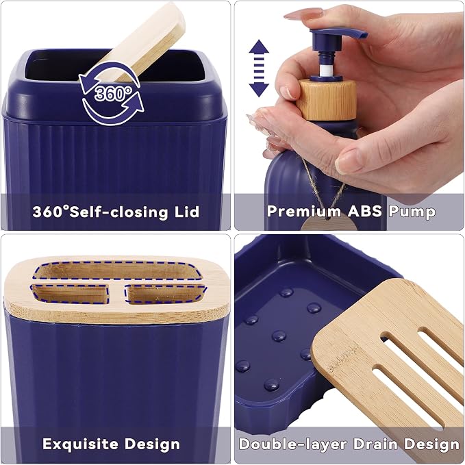 XLHOMO 32PCS Bathroom Sets with Shower Curtain and Rugs Navy Blue Shower Curtain Set 3PCS Soap Dispenser Bathroom Accessories with Bathroom Trash Can - Image 5