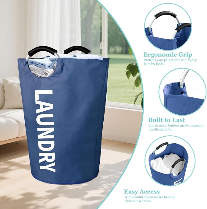 WOOHA 125L Large laundry basket,Collapsible laundry hamper, Tall Clothes Baskets Folding Washing Bin Foldable Fabric Hamper Bags for Bedroom, Closet,Bathroom,College,laundry bag,navy blue - Image 4