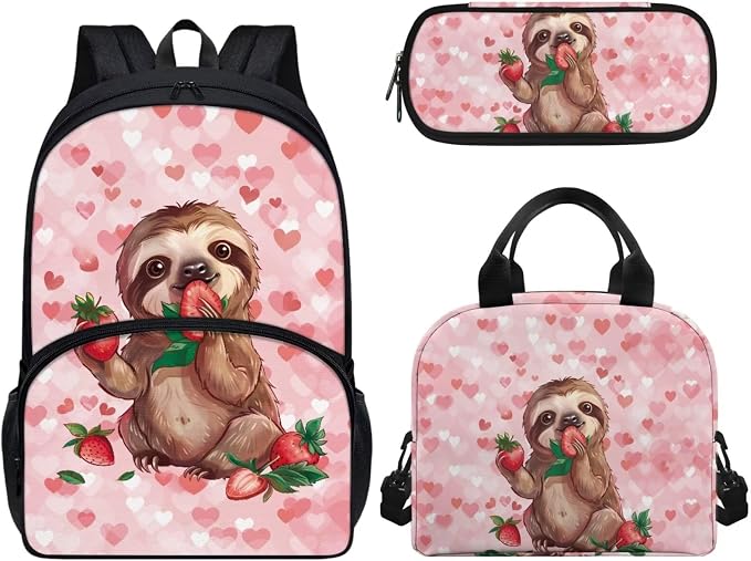 Pink Hearts Sloth Strawberry Print Girls Backpack Set, Kids Backpacks with Lunch Bag & Pencil Case, Kawaii Girls Bookbag School Bag for Elementary School by CndexdWearfunPrintjoy