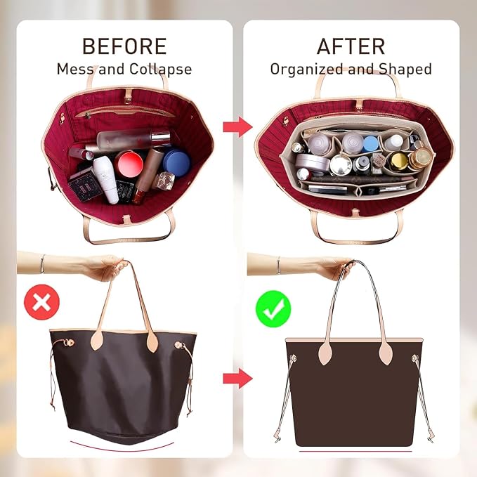 Premium Felt Purse Organizer Insert with Base Shaper Compatible with lv neverfull MM, Speedy 30 and More,Bag Organizer Insert for Luxury Tote Handbags,L/Wine Red - Image 2