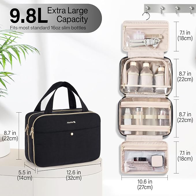 Hanke Hanging Travel Toiletry Bag with Jewelry Organizer, Black | Large Capacity, Holds Full-Size Bottles, Water & Stain Resistant, 360° Swivel Hook, Trolley Sleeve, Women's Makeup Organizer - Image 2