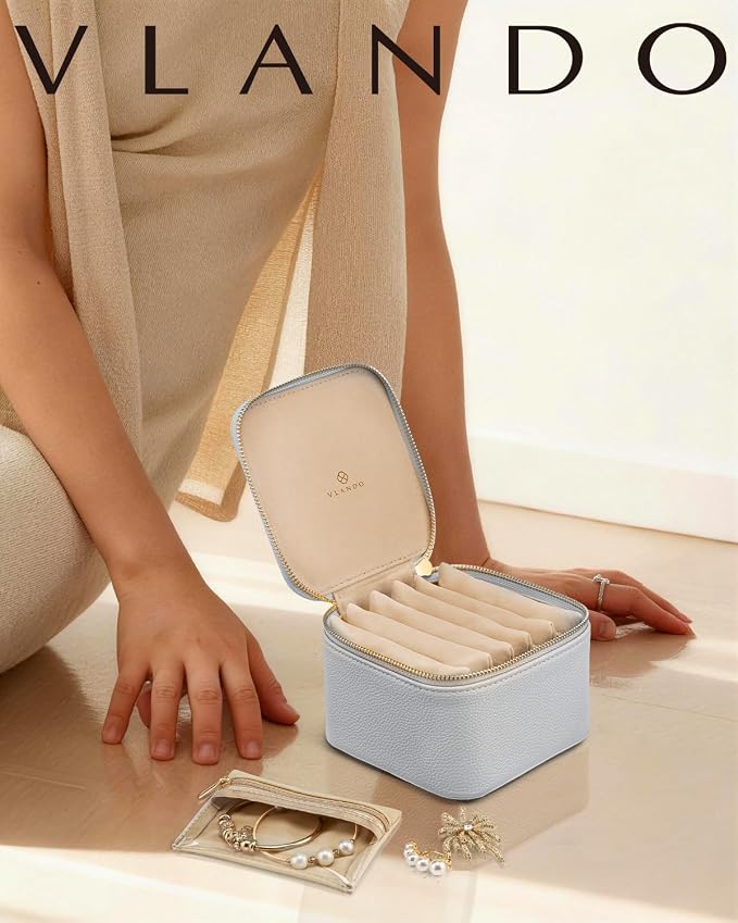 VLANDO Travel Jewelry Case,Travel Jewelry Organize with 6 Velvet Jewelry Zipper Pockets,Premium Petal Hardware Jewelry Case for Birthday Wedding Graduation Gifts-Baby Blue - Image 2