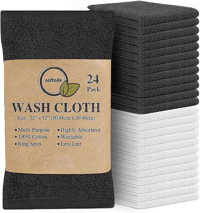 100% Cotton Washcloths 24 Pack (12x12 Inches) Soft, Highly Absorbent Washcloth, Face Towels, Wash Cloths for Face, Ring Spun, Bulk Pack (Grey/White) by Softolle