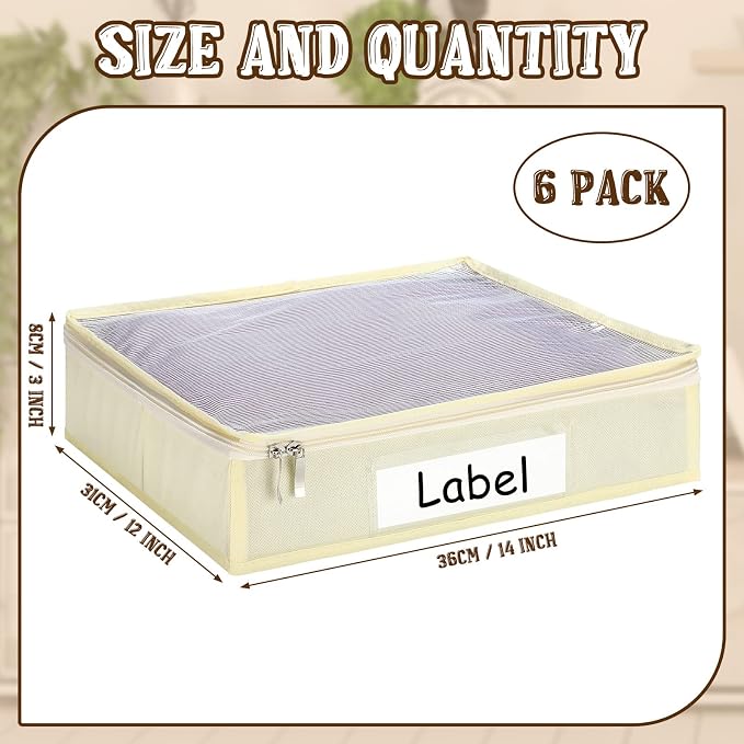 Panelee 6 Pcs 14 x 12 x 3 Inch Sweater Storage Bags Easy Gliding Zippered Sweater Package Organizer Closets Under The Bed Zippered Storage Bags with Label Pocket to Avoid Dust Dirt(Beige) - Image 2