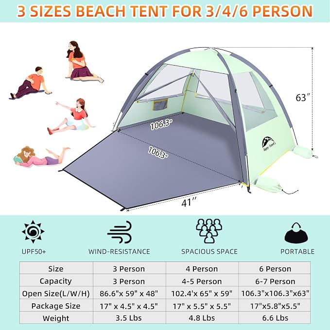 Happy Travel Beach Tent, UPF 50+ UV Protection Sun Shade Shelter for 3/4/5/6/7/8 Person, Portable Beach Canopy for Family & Baby, Lightweight & Easy Setup Beach Cabana with 3 Ventilation Mesh Windows - Image 2