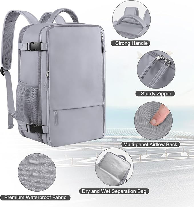 Sinaliy Travel Backpack for Men and Women, 17 Inch Laptop Backpack | Waterproof Large Expandable College Bookbag, as Person Item Flight Approved with Anti Theft Pocket and Wet Pocket, Grey - Image 4