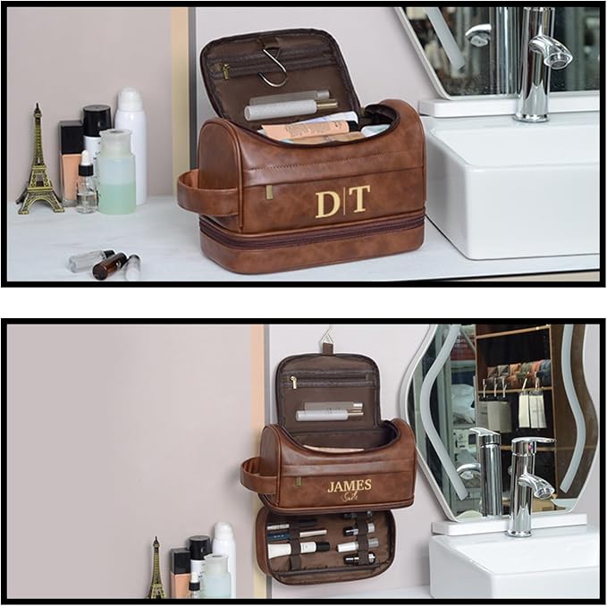 Personalized Leather Toiletry Bag, Brown, Three Layer Structure, Waterproof, Customizable Name Engraving, Travel Organizer for Men, Multi-Occasion Gift (UK2001) - Image 6