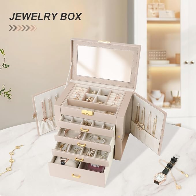 Jewelry Box, Women's Jewelry Organizer with Mirror, 5 Layers & 4 Drawers, Apricot - Image 4