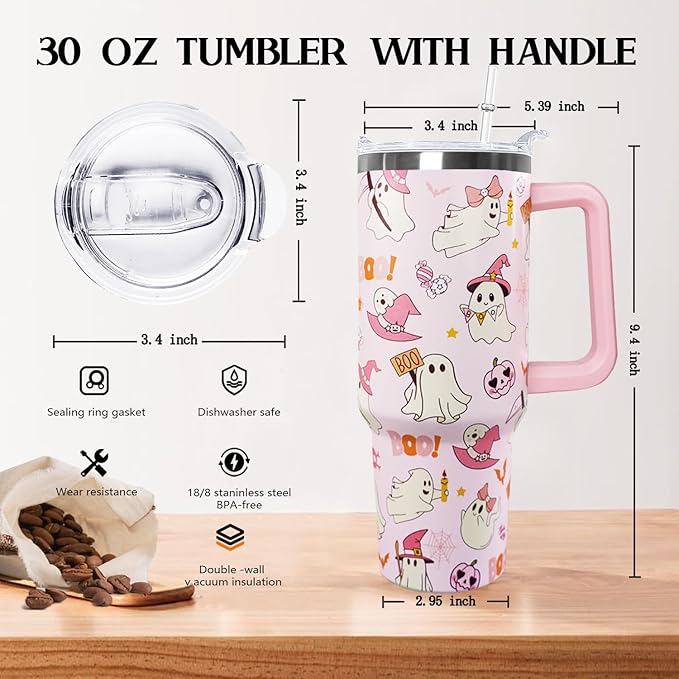 30 oz Halloween Pink Boo Tumbler Insulated Stainless Tumbler,Goth Ghost Travel Coffee Cup Water Botter, Witch Goth Decor Halloween Gifts For Women