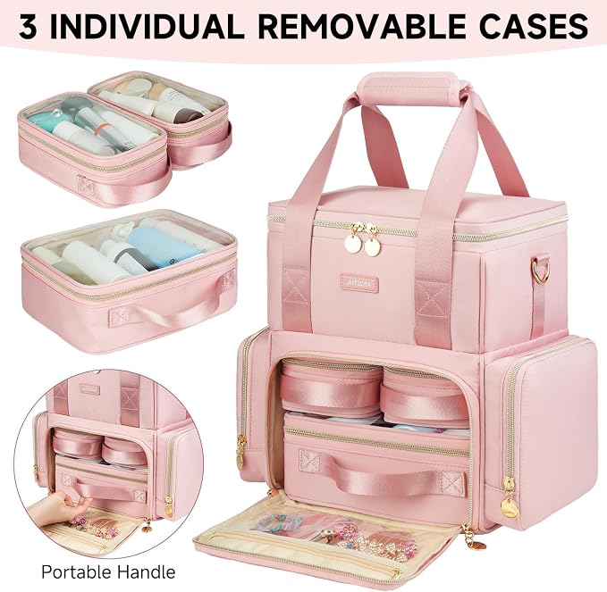 Extra Large Makeup Bag,4 in 1 Cosmetic Storage Organizer Travel Case with 3 Detachable Pouches and Dividers,Pink - Image 2