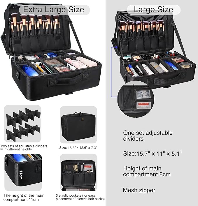 Relavel Extra Large Makeup Case Travel Makeup Train Case Professional Makeup Artist Bag Portable Nail Organizer Box Art Supply Case with Adjustable Dividers/Attach to Trolley/Shoulder Strap (Black) - Image 2