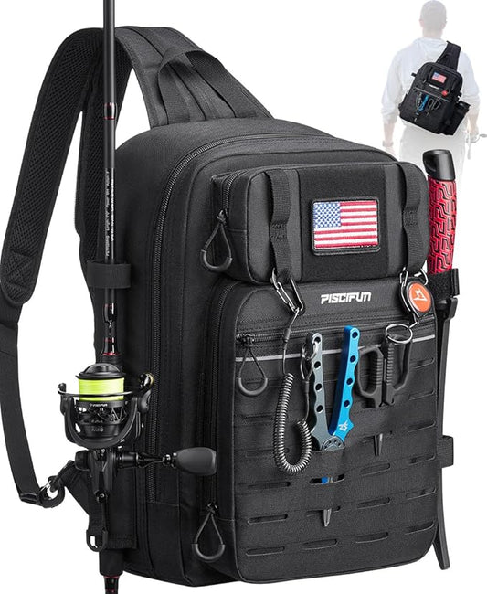 Piscifun Fishing Backpack Tackle Bag with 2 Rod Holders, Multi-Compartment Storage, MOLLE System, Water-Resistant Lightweight Outdoor Pack by Piscifun
