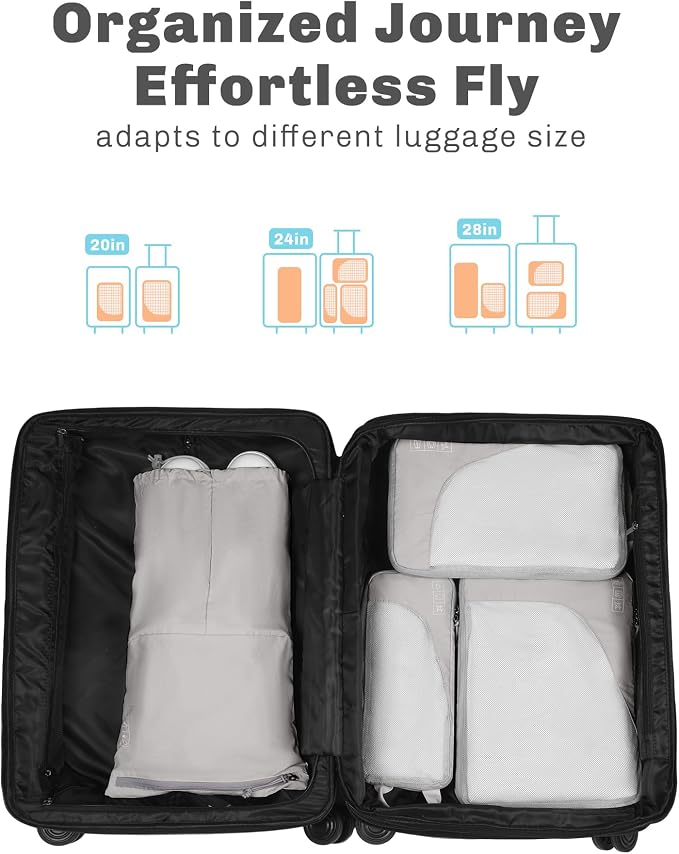 Hynes Eagle 6 Set/ 4 Set/ 2 Set Compression Packing Cubes Travel Essentials Lightweight Nylon Luggage Suitcase Organizer Bag Light Grey 4PCS - Image 3