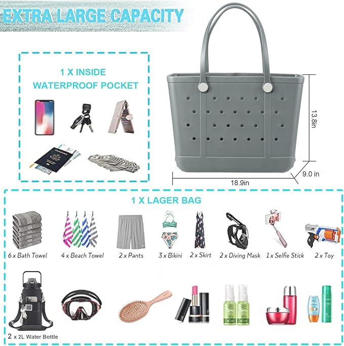Extra Large Rubber Beach Bag Tote Bag for Women Waterproof Bag | Waterproof EVA Beach Tote with Zipper Pocket & Non-Slip Bottom | Sturdy Tote for Beach Pool Boat Groceries & Travel - Image 6