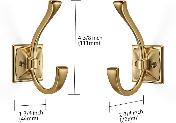 Large Wall Hooks 2 Pack Brushed Gold Coat Hardware for Hanging 4.35 Inch Double Robe Wall Mounted With Screws for Key, Towel, Bags, Cup, Hat - Image 2