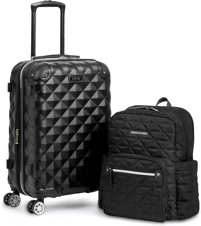Kenneth Cole REACTION Diamond Tower Collection Lightweight Hardside Expandable 8-Wheel Spinner Travel Luggage, Black, 2-Piece Bundle (Carry On + Backpack) by KennethCole