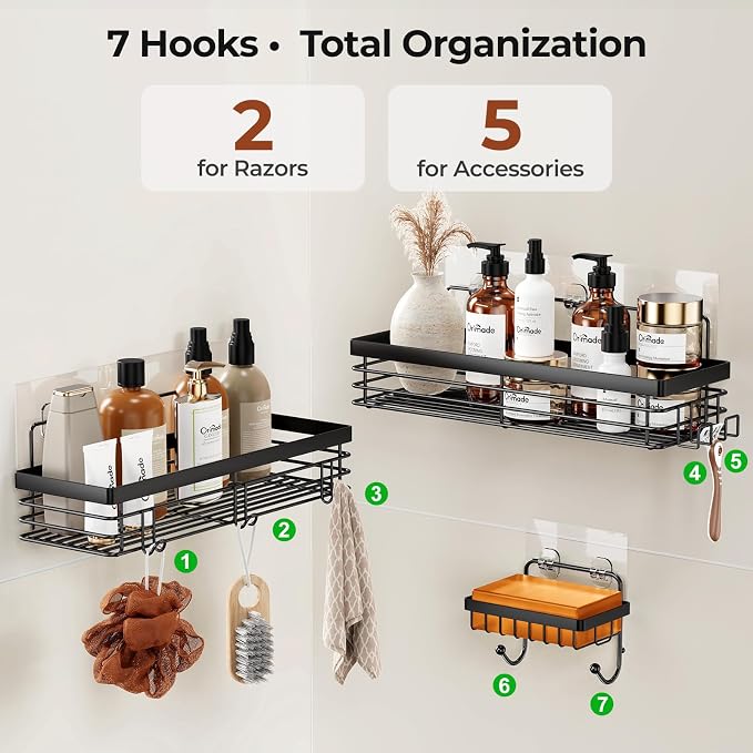 Orimade Adhesive Shower Caddy Soap Dish Holder Shelf with 5 Hooks Bathroom Organizer Basket Kitchen Storage Rack Wall Mounted No Drilling Stainless Steel - 3 Pack, Black - Image 7