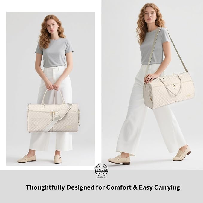 STOVER Women’s Convertible Garment Duffel Bag for Travel – 2-in-1 Carry-On Weekender/Overnight Tote - Wrinkle-Free Dresses, Suits & Clothes + Shoe Compartment & Bonus Toiletry Bag (Cashmere Cream) - Image 7