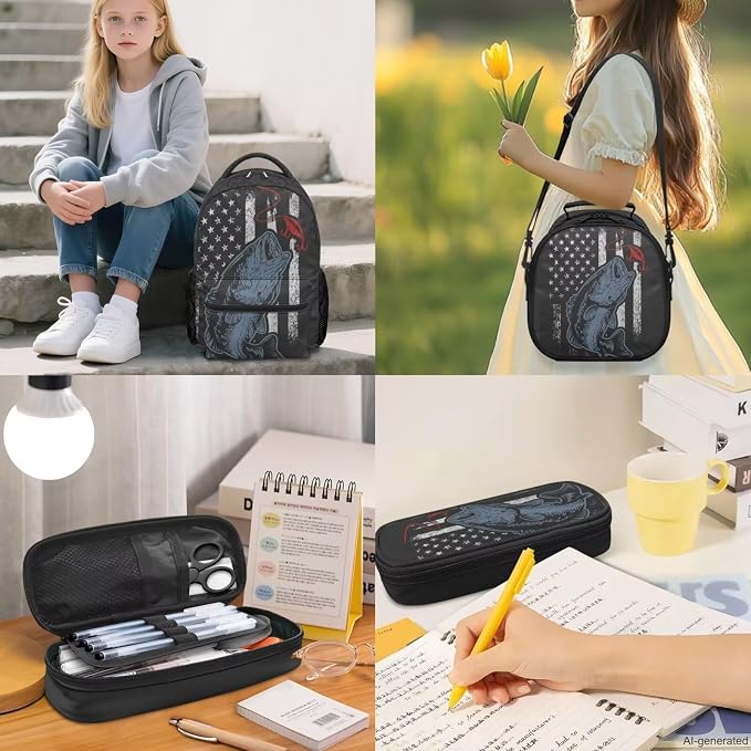 USA Flag Bass Fishing Boys Backpack Set 4-Piece, Patriotic Bookbag with Lunch Box Pencil Case for Elementary School Kids, Water Resistant School Bag for Ages 6-12, Grades 1-5 - Image 2
