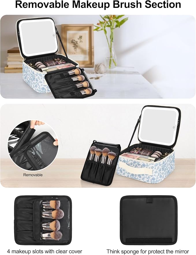 Chomeiu Makeup Bag with LED Mirror, Travel Cosmetic Bags for Women Girls Portable Train Case Makeup Artists Storage Organizer Box with Light Up Mirror 3 Color Lights, Floral Print - Image 3