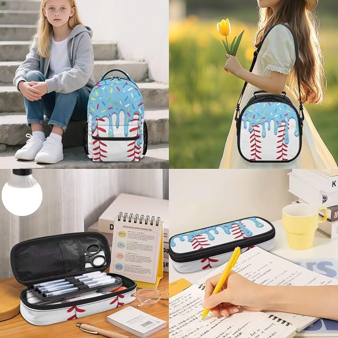 Sweet Ice Cream Drip Baseball Backpack Set – Lightweight 4-Piece School Bag with Lunch Box, Pencil Case & Dinosaur Charm, Cute Bookbag for Girls 3rd 4th 5th Grade Sporty Backpack - Image 2