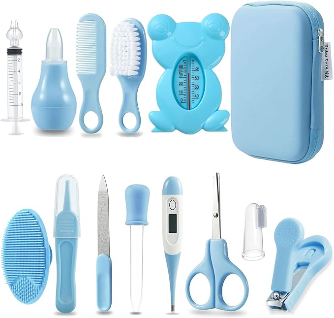 PandaEar Baby Healthcare and Grooming Kit, Baby Safety Set Baby Comb, Brush, Finger Toothbrush, Nail Clippers, Scissors, Nasal Aspirator, Baby Essentials Nursery Care Kit (13-in-1 Blue)