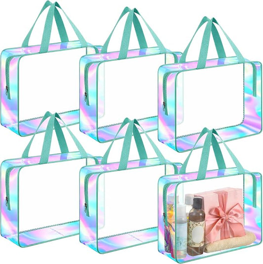 Sweetude 6 Pcs Large Clear Toiletry Bag with Handle Large Capacity Travel Iridescent Beach Makeup Bag PVC Clear Plastic Tote Punch Cosmetic Clothes Storage Organizer for Women Men (Turquoise) by Sweetude
