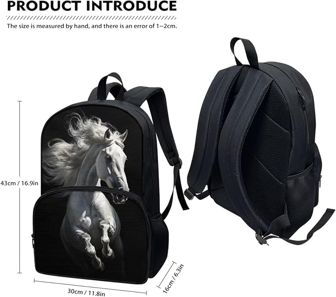 White Horse Backpack for Boys, Kids Travel Backpack Set for Girls Teens, 4 PCS School Backpacks Lightweight Middle School Bag Bookbag with Lunch Box and Pencil Case Water Bottle Bag, Black - Image 2