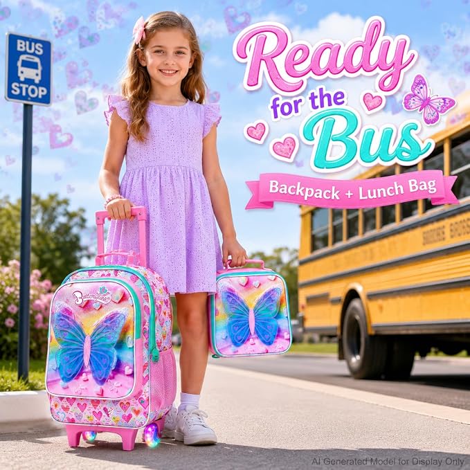 AGSDON 3PCS Rolling Backpack for Girls Boys, Kids Roller Wheels Bookbag, Wheeled School Bag with Lunch Bag - Image 2