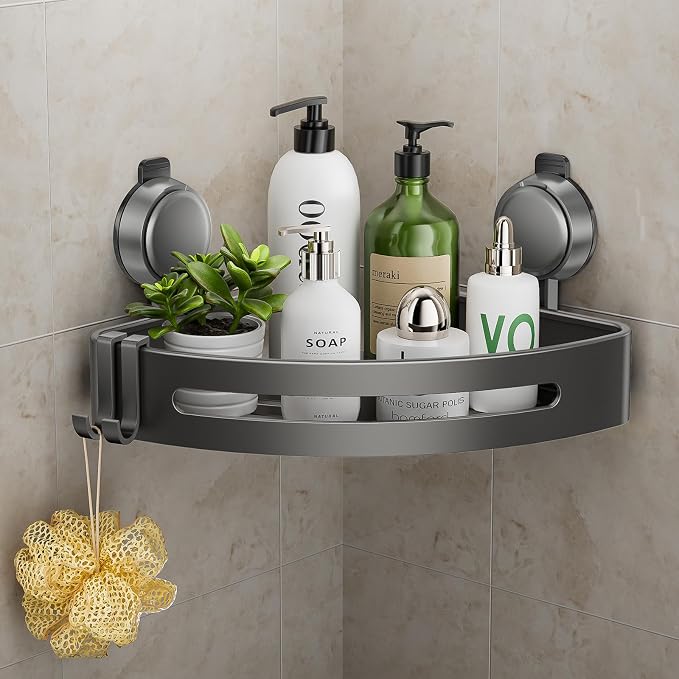 Shower Caddy Corner,Suction Cup Shower Caddy with Hooks,No Drilling Rustproof Aluminum Bathroom Organizers and Storage,Shelves for Bathroom Accessories Decor (1) by ONXEBornforqualityNeverWasteYourMoney