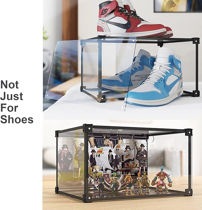 Magnetic Side Open Transparent Plastic Storage Shoe Box Clear Shoe Display Case Sneaker Shoe Storage Box Display Box Shoe Container Clear Closet Shelf Shoe Organizer (Black 4PC) - Image 5