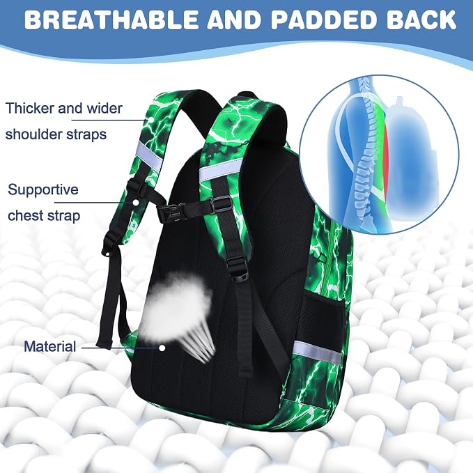 Bevalsa Backpack for Boys, School Bags for Kids, Bookbag for Boys Children Teens Backpacks for Elementary Middle High School Student, Bookbag Set with Lunch Bag & Pencil Case (Green Lightning) - Image 5
