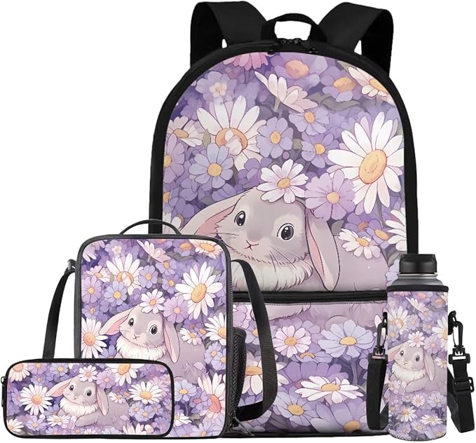Daisy Bunny Backpack for Girls Kids Backpack with Lunch Box Water Bottle Holder with Strap and Pencil Case 4PCS Set Bookbag with Front Pocket for School Teens 17 inch Lightweight School Bag by ELEDIZI