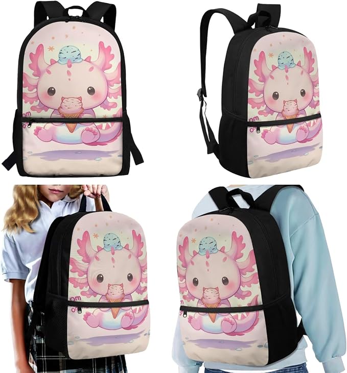 Axolotl Backpack for Girls 8-10 with Lunch Box Ice Cream Backpacks and Lunchboxes + Insulated Water Bottle Pouch Holder + Pencil Case Kawaii Bookbag Lunch Bag - Image 2