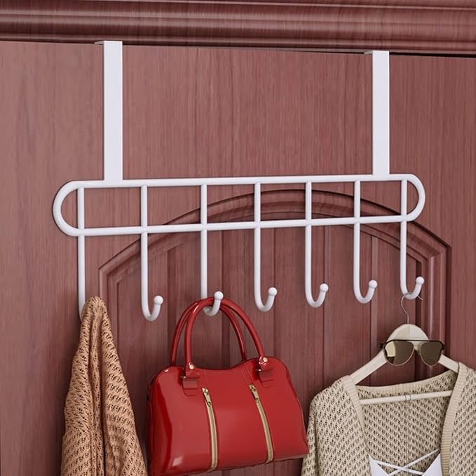 Multi Functional Steel Over The Door Hook Hanger Organizer Wall Hook Rack for Hanging Clothes Jeans Umbrellas Jackets Scarfs Bags Keys Towel in RoomKitchen Bathroom Black (7 Hook) by Everline