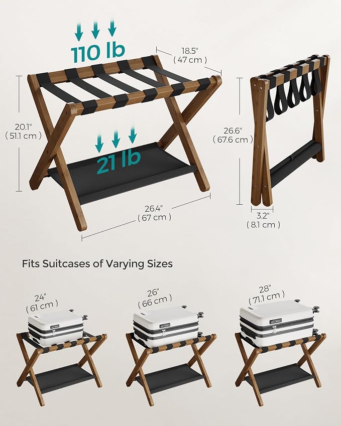 SONGMICS Luggage Rack, Set of 2, Folding Suitcase Stand with Storage Shelf, for Guest Room, Hotel, Bedroom, Heavy-Duty, Holds up to 131 lb, Walnut Brown URLR007D02 - Image 5