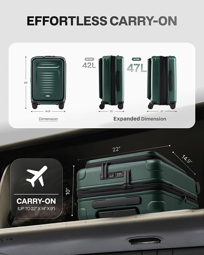 Coolife Carry On Luggage Suitcase : 22x14x9 Airline Approved Travel Luggage with Spinner Wheels, Front Pocket Expandable Hardshell Suitcases with TSA Lock Green - Image 3